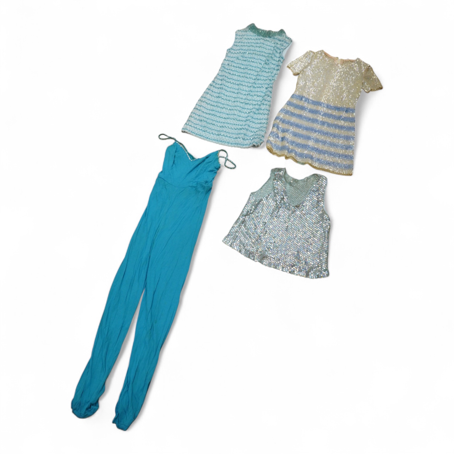 Two 1960's beaded mini dresses, a sequin top and later jumpsuit
